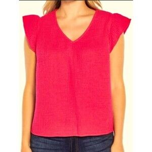 Three Dots Hot Pink V-Neck Flutter Sleeve gauze Blouse